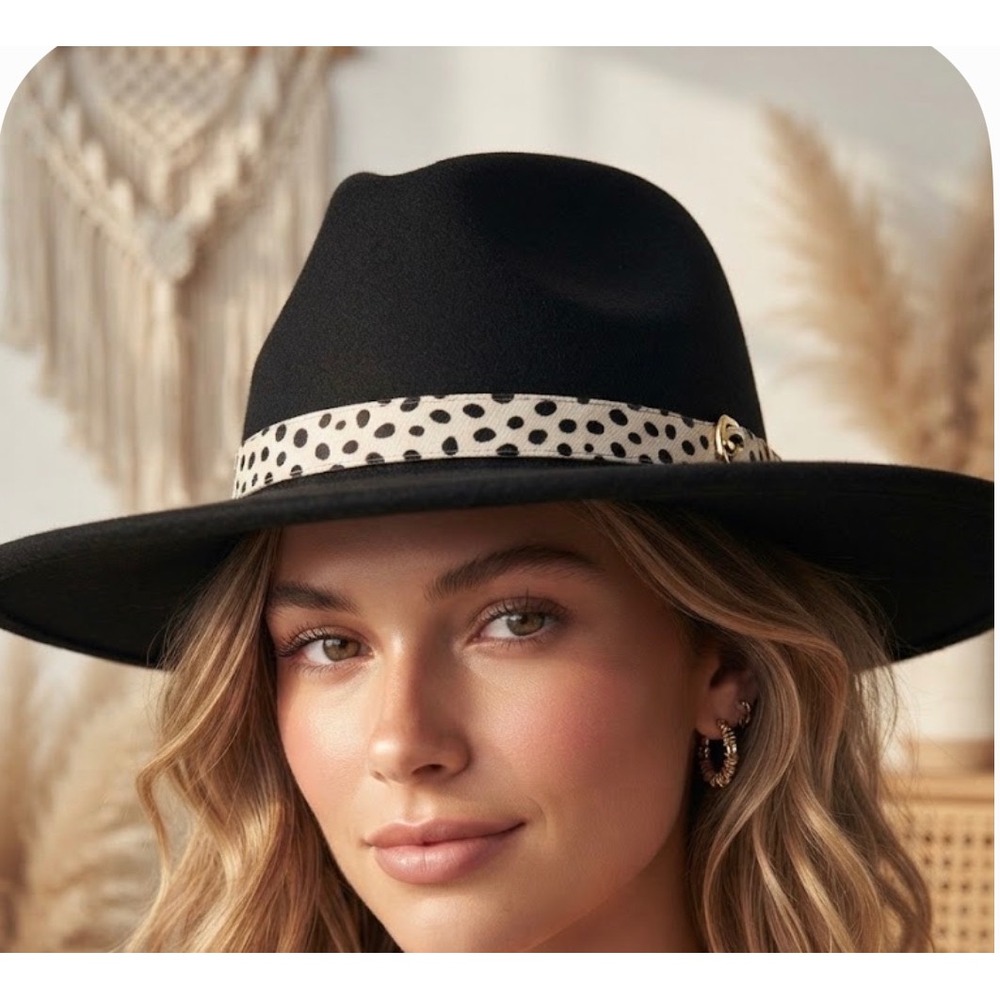 Altar'd State Black Wool Wide Brim Fedora Hat Dalmatian Print Band One Size